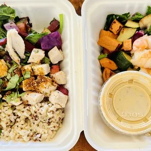 Togarashi bowl with chicken (left) Thai curry with shrimp (right)