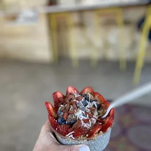 a hand holding a bowl of fruit