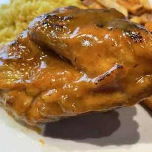 Half Chicken. Medium Piri piri sauce.  Cool on the inside, unfortunately