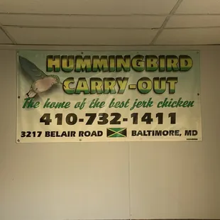 a sign for hummingbird carryout