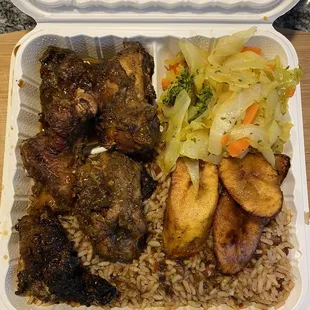 Jerk chicken, cabbage, plantains and rice &amp; peas