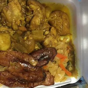 Curry chicken, plantains, peas and rice, &amp;  vegetables