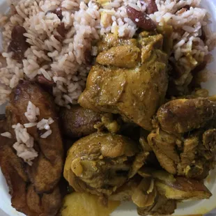 Curry Chicken, Rice and Peas, with Plantains