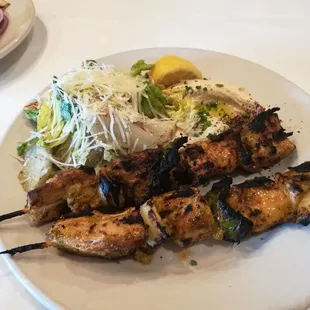 Mahi kabobs, hummus, that weird jack cheese salad