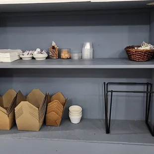 a shelf full of food items