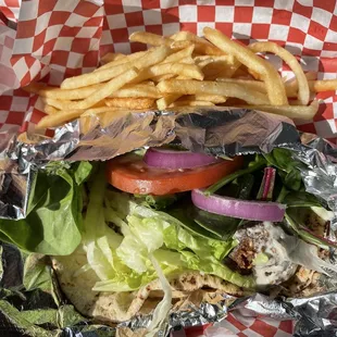 Falafel sandwich with fries