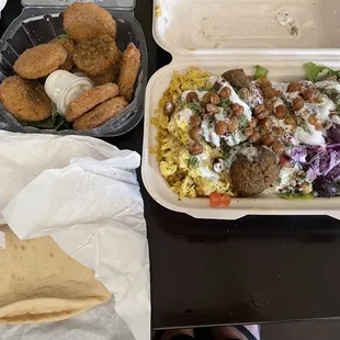 Crispy fried Zucchini/ Garlic sauce on side  bowl and the Pita bread that comes with each bowl