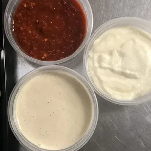 Moroccan Hot Sauce, Tahini and Garlic Sauce