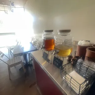 a variety of drinks on a counter