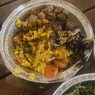 Turmeric rice with gyro,beef, carrot, egg plant, zucchini