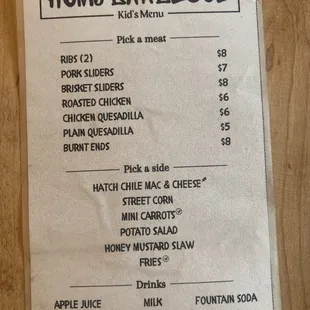 Kids menu