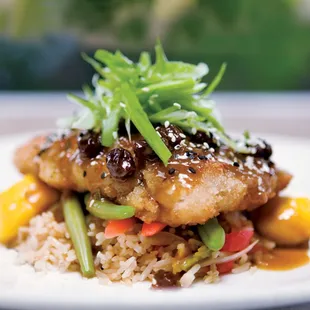 Macadamia Mahi Mahi - Sauteed Macadamia crusted fresh Mahi Mahi, rum  &amp; raisin glaze &amp; stir-fried Jasmine rice.