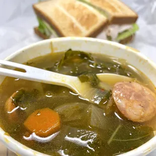 Today&apos;s soup --- Portuguese Bean Soup (with Kale, no beans).  Oooh, spicy!  Must have Kim Chee inside :)