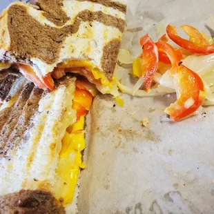 Grilled cheese sandwich. I didn&apos;t care for the peppers but it was still alright.