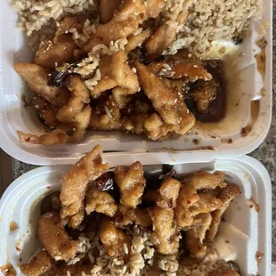 two takeout containers of chicken and rice