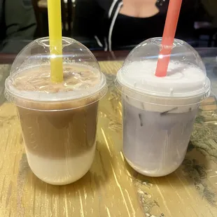 Coffee and taro lattes