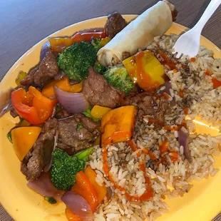 Pepper steak and fried rice but more like brown rice