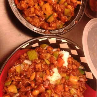 Kung Pao Chicken. Yum!  Actual container is in the upper left hand corner, but my bowl has the rice and KPC. Enough for 2 meals.