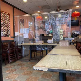 a long table in a restaurant
