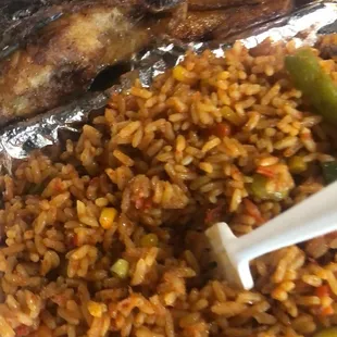 Jollof Rice, Fried Plantains, fried fish.