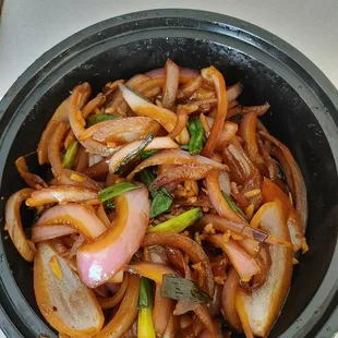 So called Mongolian Beef. Nothing but a bowl of veggies. Contained about  6 small pieces of meat.