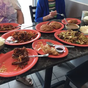 Oops! Finally remembered to take picture to show what's left of the egg rolls and dumplings. L to R crispy beef, egg foo young, beef mu shu.