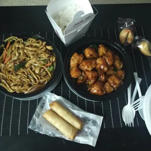 General Tso, Chicken Lo Mein, and spring rolls.