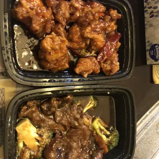 Beef and broccoli  General taos chicken