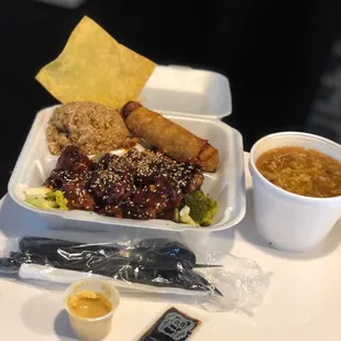Sesame Chicken lunch, with broccoli  in roasted sesame sauce, fried rice, egg roll, hot &amp; sour soup