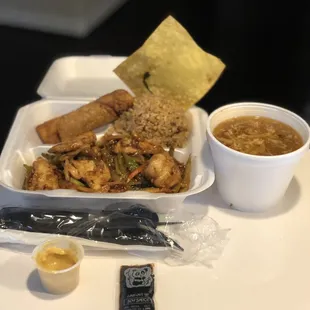 Szechuan Shrimp &amp; Chicken lunch, with veggies in brown sauce, fried rice, egg roll, hot &amp; sour soup