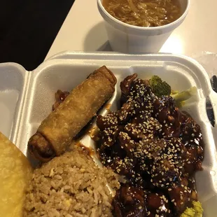 Sesame Chicken lunch, with broccoli  in roasted sesame sauce, fried rice, egg roll, hot &amp; sour soup