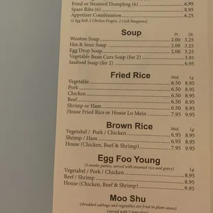 Appetizers, soups, fried rice, egg foo young, moo shu