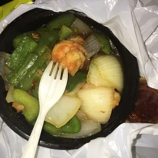 Shrimp Pepper and Onions was awesome but it only came with 4 Shrimp. The sauce was really good.