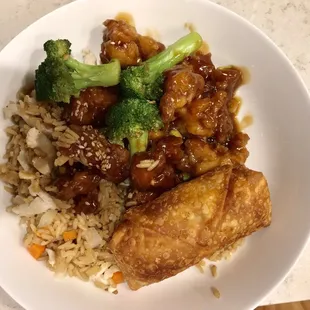 Sesame chicken, chicken fried rice, egg roll