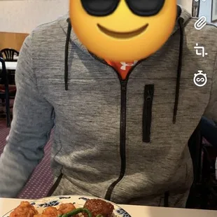 Green beans, rice, shrimp and veggies, sesame chicken and general chicken