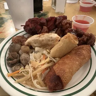 Plate #1 Egg Roll, Mushrooms, General Tso's Chicken, Chicken on a Stick, Dumpling