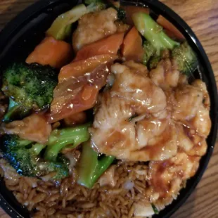 chicken, broccoli, carrots, and rice