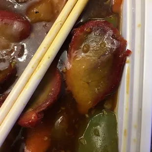 Pork has turned dark and tastes rancid.