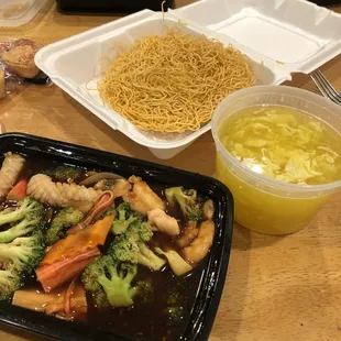 Seafood pan fried noodles and egg drop soup