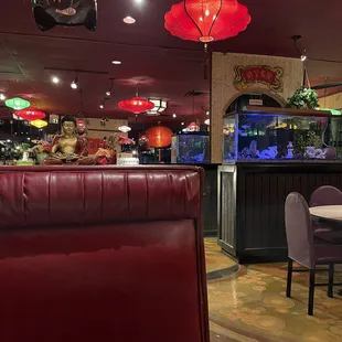 red booths and tables