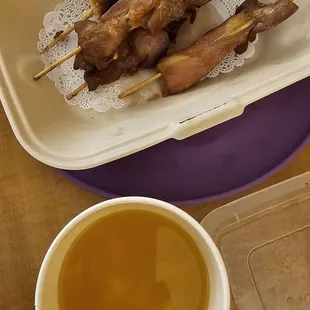 Teriyaku Chicken on a skewer and egg drop soup
