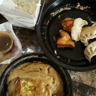 Vegetable Egg Foo Young, Fried Shrimp Toast, Fried Dumplings whats left of it