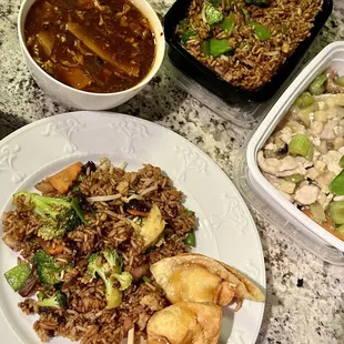 Vegetable Fried Rice, Hot &amp; Sour Soup, Crab Rangoon &amp; Cashew Chicken