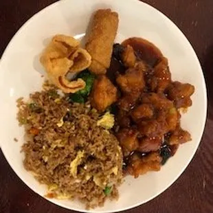 Orange Chicken, Fried Rice, Egg Roll, Crab Ran Goon,