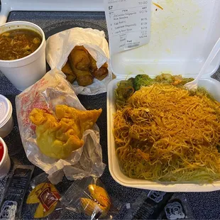 Combo Singapore Rice Noodle Crabmeat Ragoon Egg Roll Hot and Sour Soup