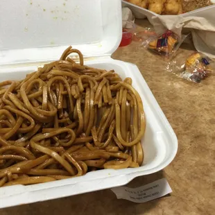Lo mein noodles and sweet and sour chicken. 3-21-15