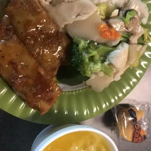 Moo goo gai pan and lemon chicken and egg drop soup