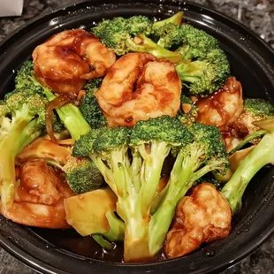 Shrimp and broccoli, carryout.