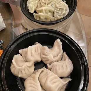 Vegetable dumplings on top (best) and meat on bottom of photo.