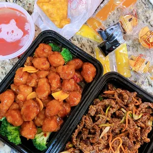 Orange chicken + Crispy beef + Crab Rangoon